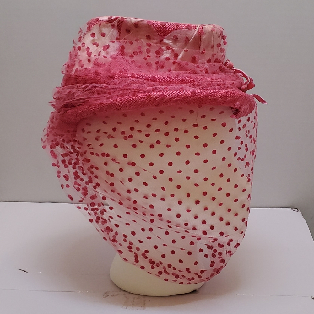 1960s Pink Vintage Hat with Veil and Ribbon Made For MAY Company.